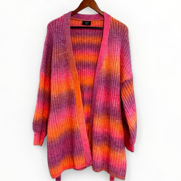 VICI Ombre Knit Belted Cardigan Small Pink Orange Purple Cozy Fall Sweater - Picture 5 of 8